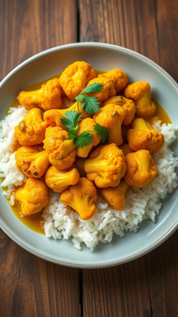 Curried cauliflower and basmati rice garnished with cilantro on a rustic wooden table.